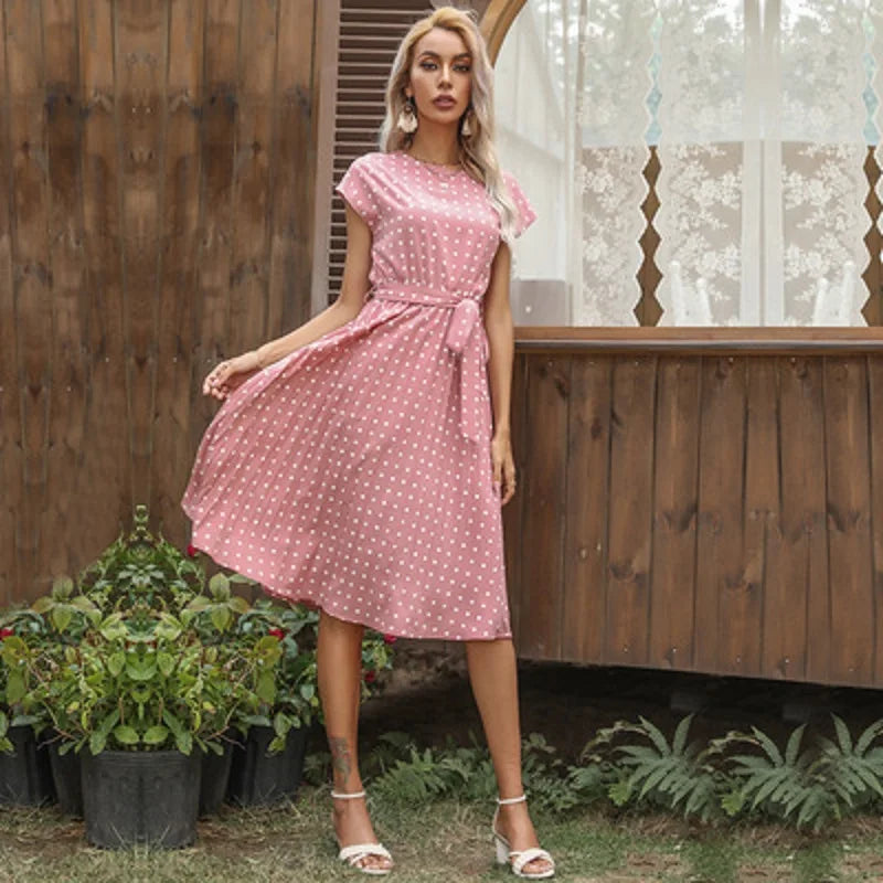 2025 New Summer Polka Dots Sleeveless Pleated For Women High Waist Elegant Office Green Lady Dinner Party Clothes Midi Dress