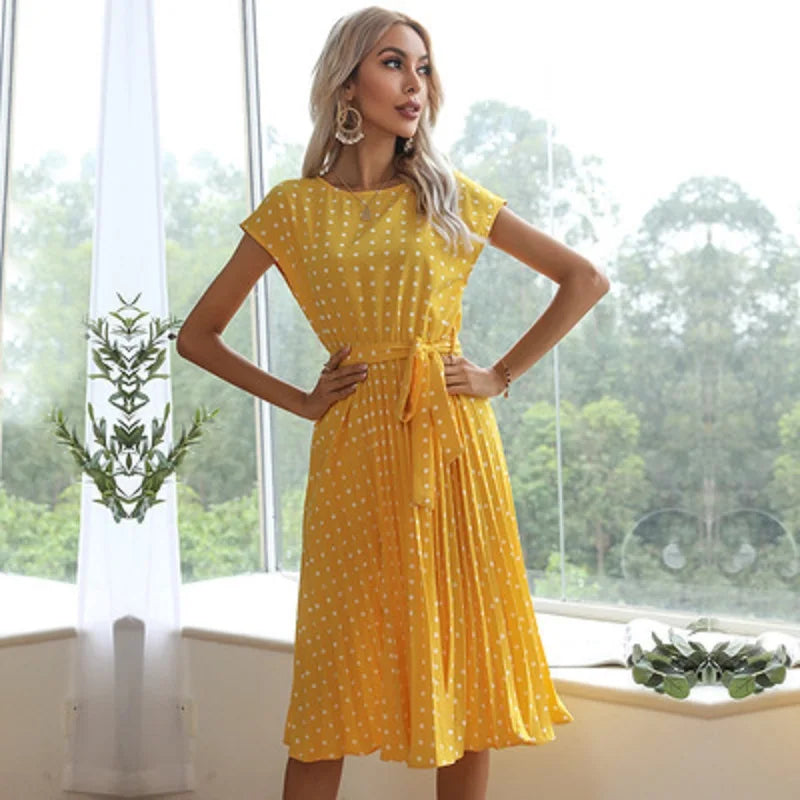 2025 New Summer Polka Dots Sleeveless Pleated For Women High Waist Elegant Office Green Lady Dinner Party Clothes Midi Dress
