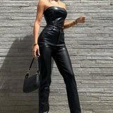 2025 New Women's High Waist PU Imitation Leather Straight Leg Leather Pants Loose Fashion Casual Pants Brown/Black