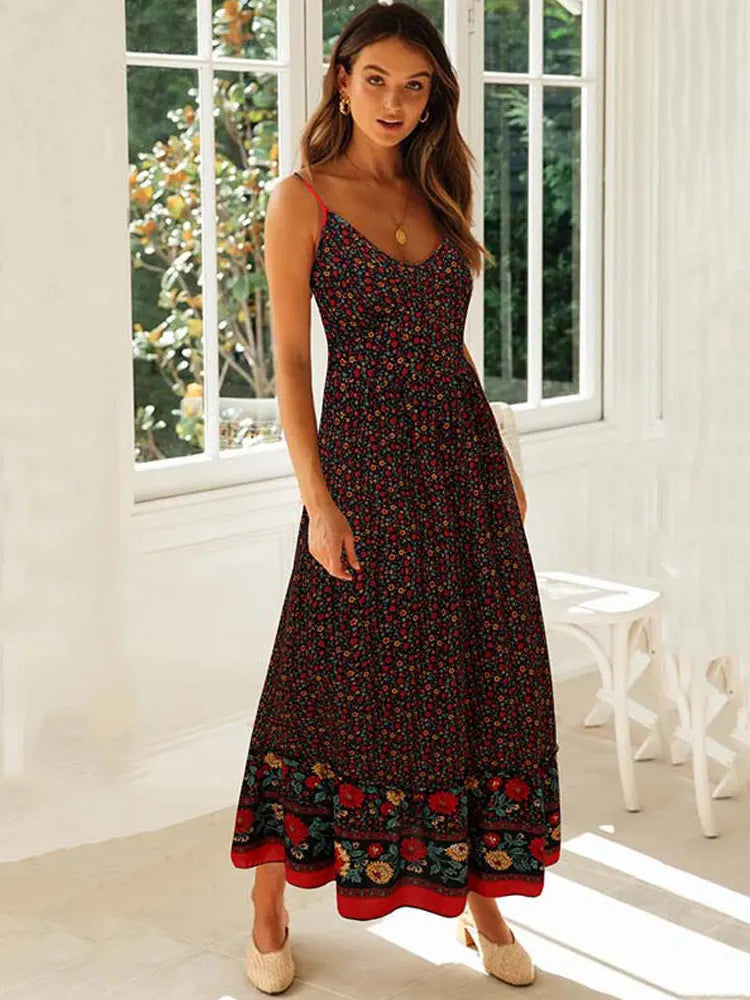 Floral Maxi Women Elegant Spaghetti Strap Boho Dress