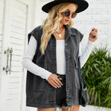 2025 Summer Women Sleeveless Lapel Denim Vest Fashion Casual Jeans Jacket Street Trend Coat