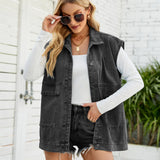 2025 Summer Women Sleeveless Lapel Denim Vest Fashion Casual Jeans Jacket Street Trend Coat