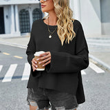 2025 Winter New Round Neck Women's Christmas Bell Sleeve Solid Color Casual Pullover Sweater