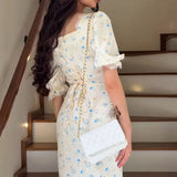 Satin Puff Sleeve Floral Dress