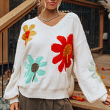 2025 Autumn New V-neck Casual All-match Floral Print Warm Knitted Sweater