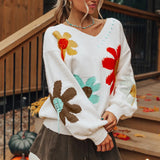 2025 Autumn New V-neck Casual All-match Floral Print Warm Knitted Sweater