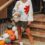 2025 Autumn New V-neck Casual All-match Floral Print Warm Knitted Sweater