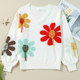 2025 Autumn New V-neck Casual All-match Floral Print Warm Knitted Sweater