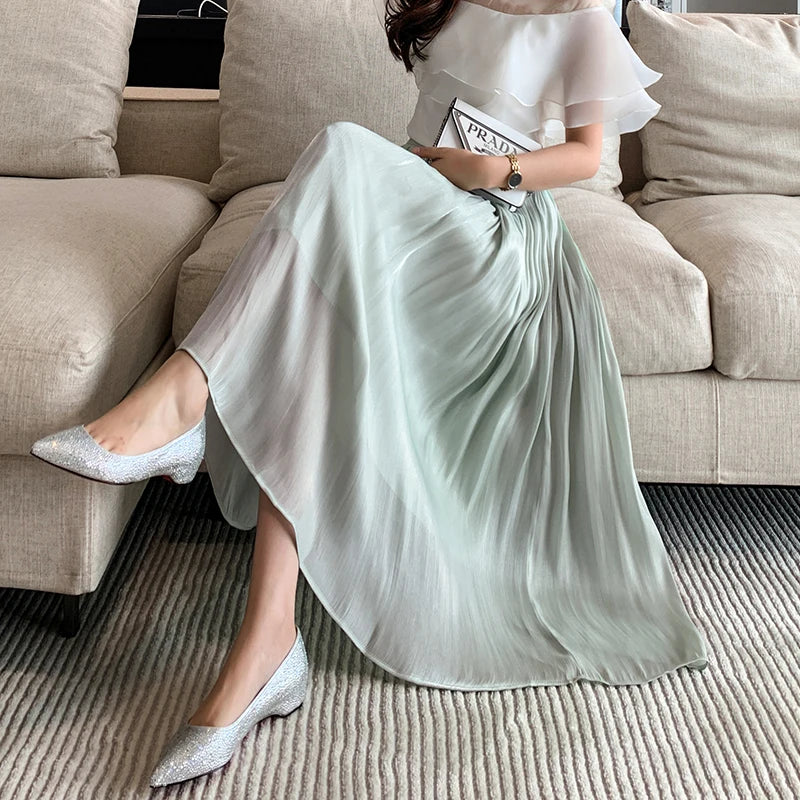 New Spring Summer Women Tulle Solid Color Elastic High Waist Pleated Ladies Temperament Skirt