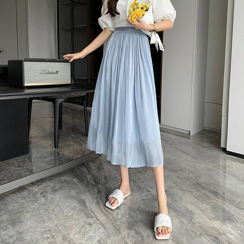 New Spring Summer Women Tulle Solid Color Elastic High Waist Pleated Ladies Temperament Skirt