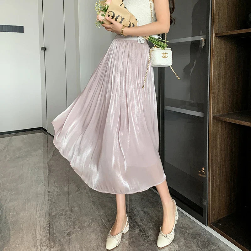 New Spring Summer Women Tulle Solid Color Elastic High Waist Pleated Ladies Temperament Skirt