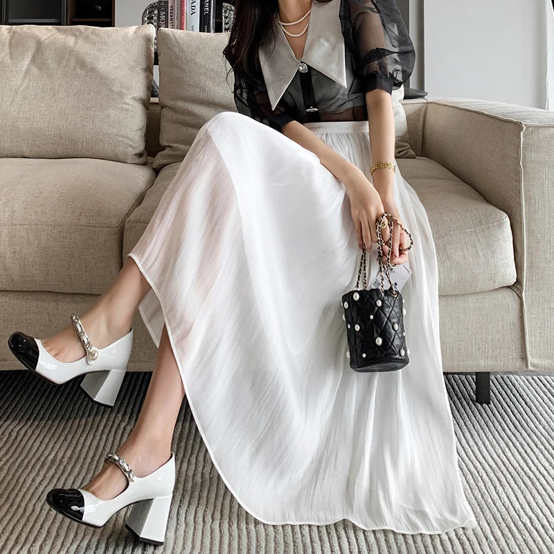 New Spring Summer Women Tulle Solid Color Elastic High Waist Pleated Ladies Temperament Skirt