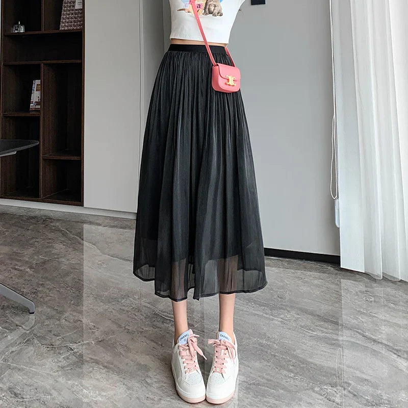 New Spring Summer Women Tulle Solid Color Elastic High Waist Pleated Ladies Temperament Skirt