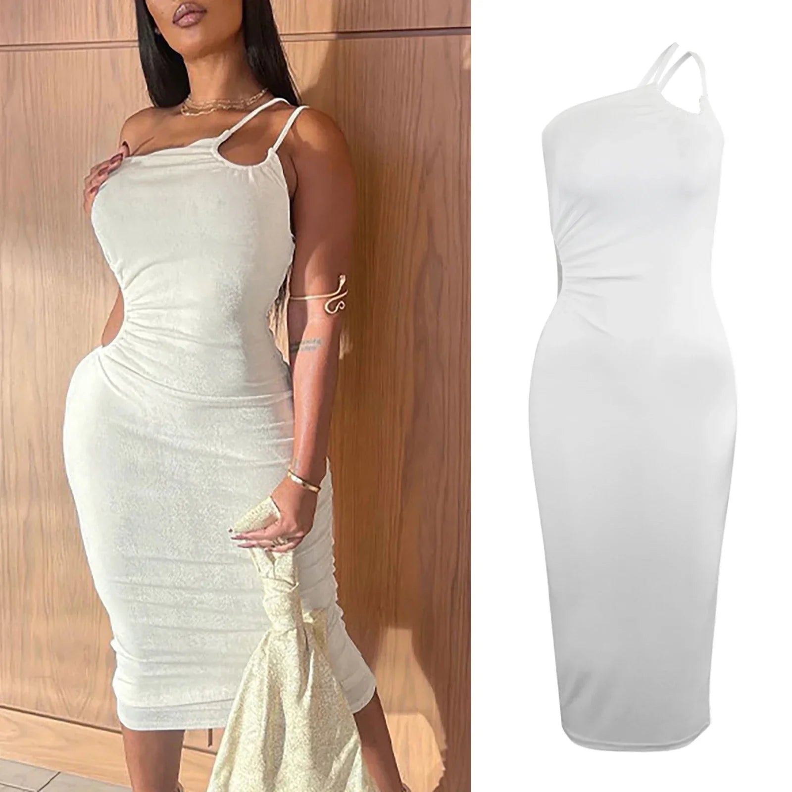 2025 New Summer Autumn Women White Black Strap Bodycon Sexy Streetwear Party Club Elegant Fashion Clothes Midi Dress