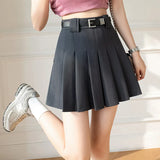 New Summer High Waist A-line Pleated Mini Korean Fashion Suit Gray Women Casual Short With Belt Skirt