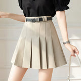 New Summer High Waist A-line Pleated Mini Korean Fashion Suit Gray Women Casual Short With Belt Skirt