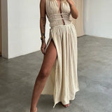 Hollow Out Off Shoulder Backless High Split Maxi Dress