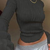Ruched Long Sleeve T Shirts White Skinny Black Basic Tee Fashion Street Cropped Top Y2K Sweater
