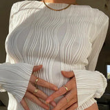 Ruched Long Sleeve T Shirts White Skinny Black Basic Tee Fashion Street Cropped Top Y2K Sweater