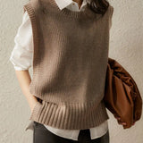 2025 Spring And Autumn New Round Neck Solid Color Side Button Anti-Pilling Women's Slim Vest Sweater