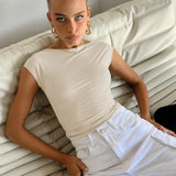Summer Backless Moisture Absorption and Perspiration Comfortable Breathable Short Sleeve Nylon Slim Women's Top T-shirt
