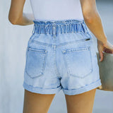 2025 Summer Women's Denim Fashion Vintage Streetwear Stretch Elastic Waist New Crimping Shorts