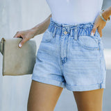 2025 Summer Women's Denim Fashion Vintage Streetwear Stretch Elastic Waist New Crimping Shorts