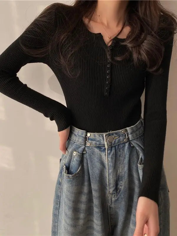 Basic Primer Button Chic Soft Slim Knitted Autumn Women's 2025 Sweater