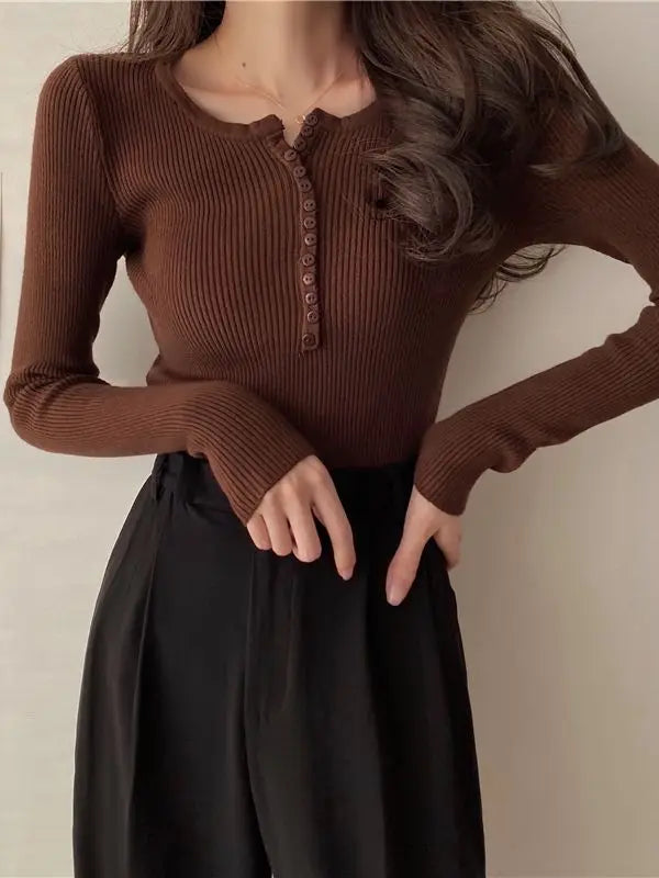 Basic Primer Button Chic Soft Slim Knitted Autumn Women's 2025 Sweater