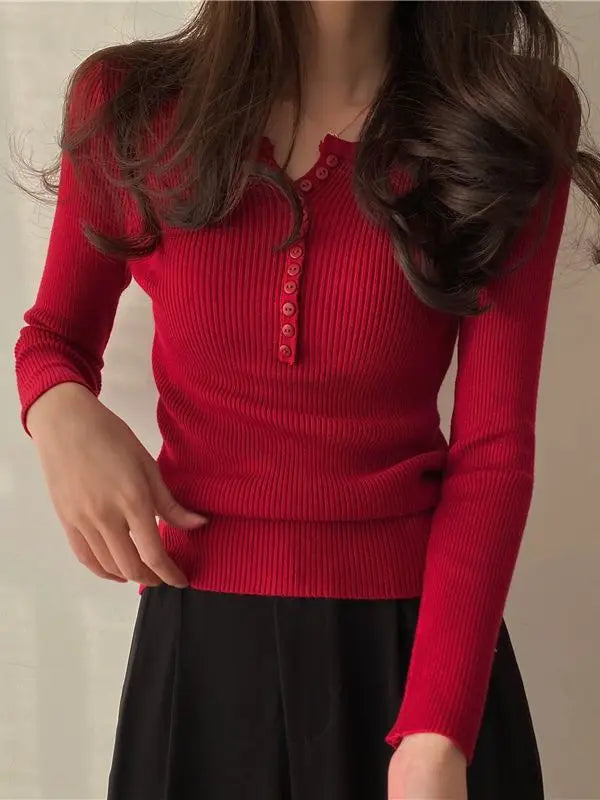 Basic Primer Button Chic Soft Slim Knitted Autumn Women's 2025 Sweater