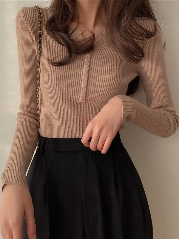 Basic Primer Button Chic Soft Slim Knitted Autumn Women's 2025 Sweater