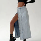 2025 Women's Denim Side Split Button High Waist Midi Office Lady Jean Long Skirt
