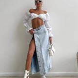 2025 Women's Denim Side Split Button High Waist Midi Office Lady Jean Long Skirt