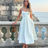2025 Women's Pink and Pretty White Vacation Spaghetti Strap Beach A Line Party Casual Midi Dress