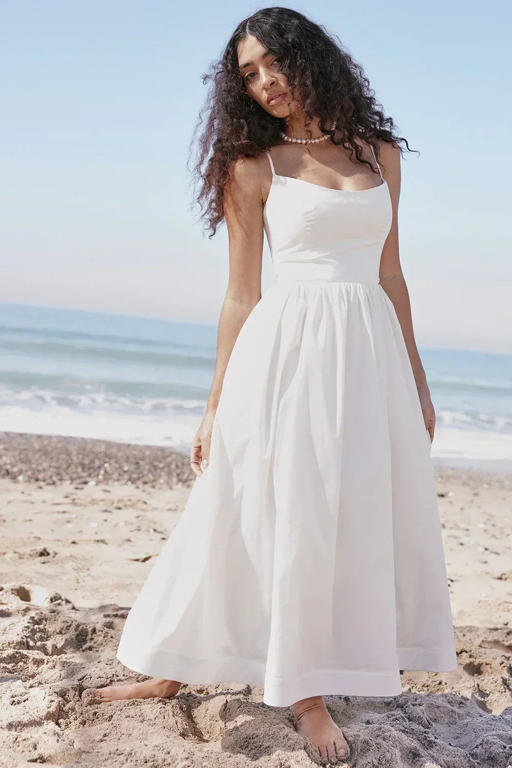 2025 Women's Pink and Pretty White Vacation Spaghetti Strap Beach A Line Party Casual Midi Dress