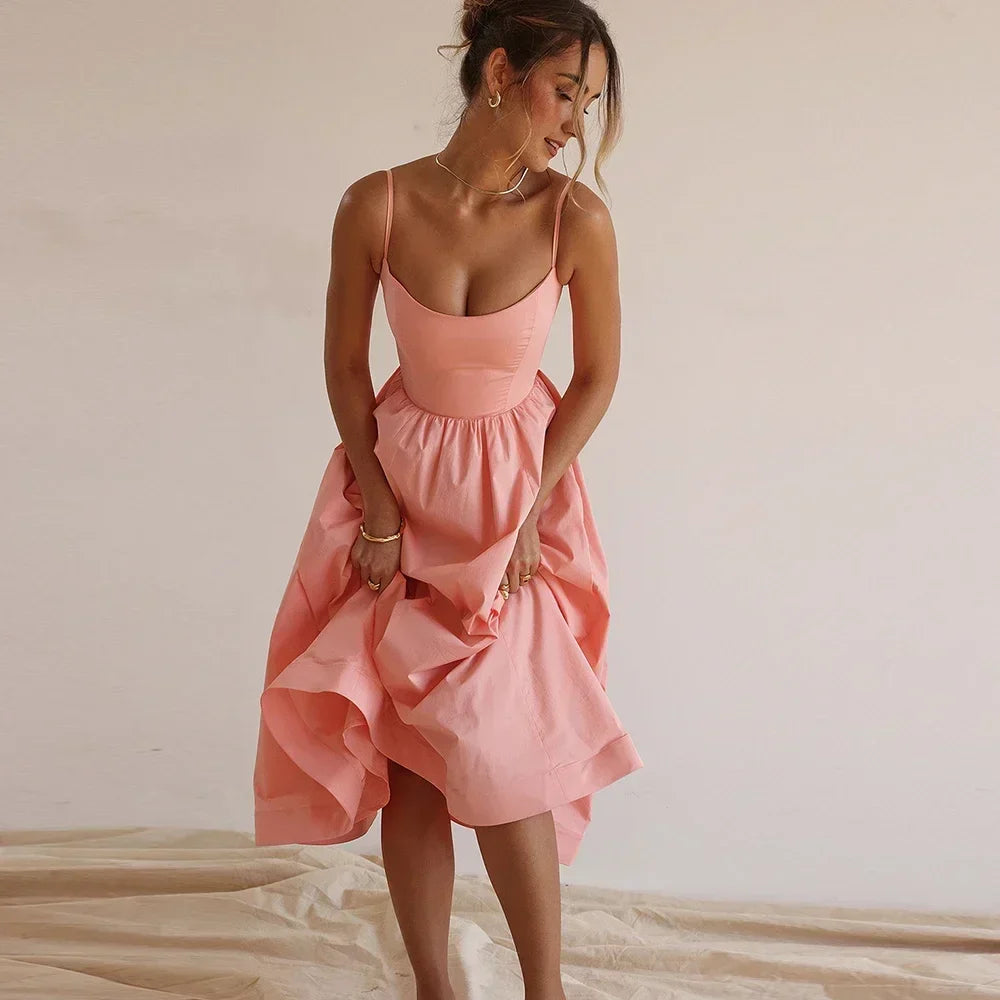 2025 Women's Pink and Pretty White Vacation Spaghetti Strap Beach A Line Party Casual Midi Dress