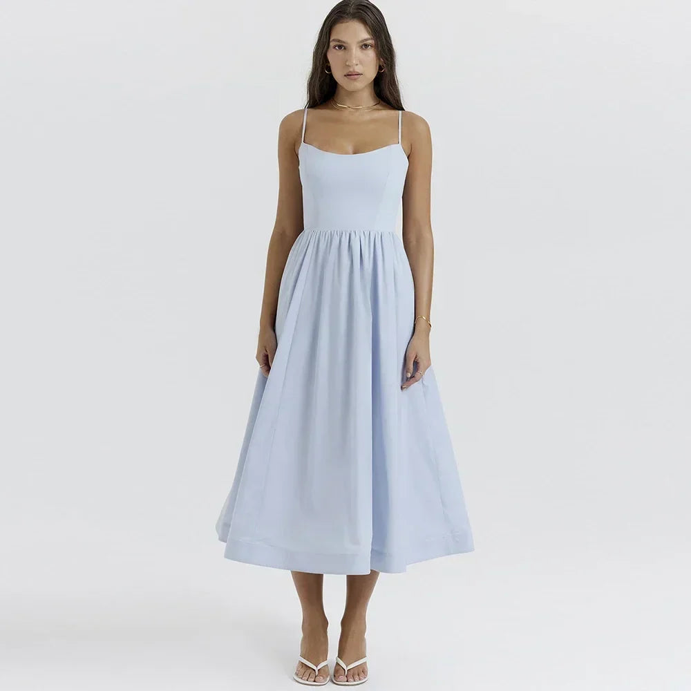 2025 Women's Pink and Pretty White Vacation Spaghetti Strap Beach A Line Party Casual Midi Dress