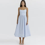 2025 Women's Pink and Pretty White Vacation Spaghetti Strap Beach A Line Party Casual Midi Dress