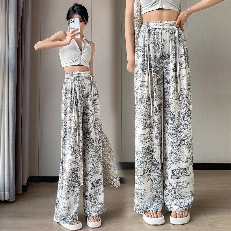 2025 High Waist Casual Summer Slacks Pants Women Ice Silk Ankle-Length Long Pants