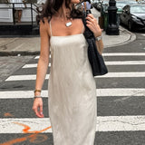Khaki Linen Cotton Cami Loose Office Maxi Dress