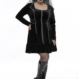 Gothic 3D Chains Long Sleeve Velvet Drawstring Dress