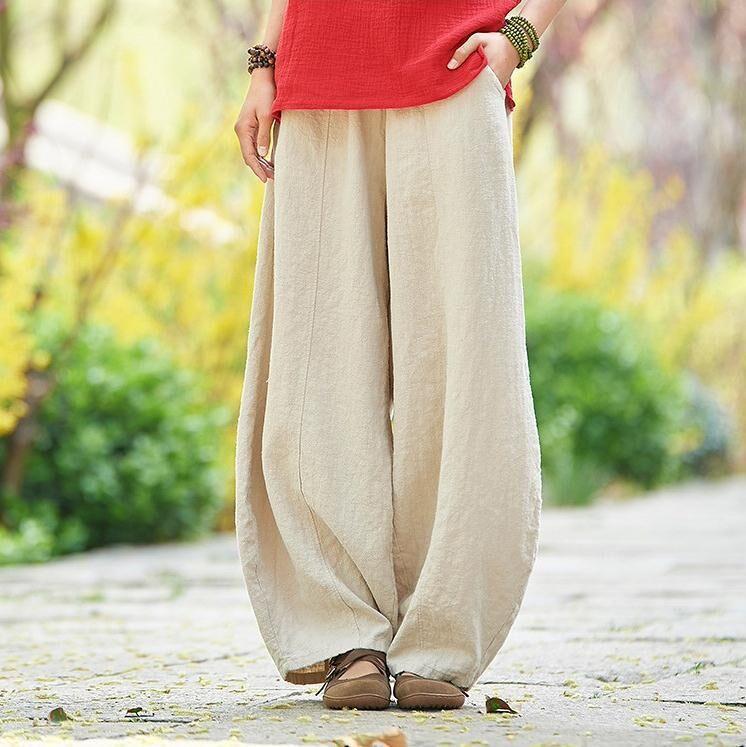 Women's linen balloon pants casual wide leg pants with pockets summer loose fit