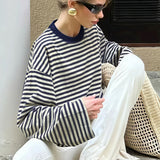 Striped Color Block Crew Neck Loose Long Sleeve Tee