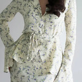 Long Sleeve Small Floral Waist Cinch Top Midi Skirt Two Piece Set