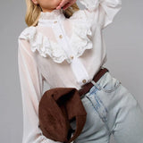 Lace Trim Stand Collar Chiffon Blouse
