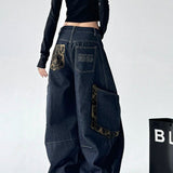 Leopard Spliced Vintage Wide Leg Jeans