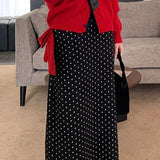 High Waist Polka Dot Back Slit Skirt