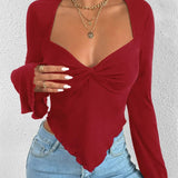 Sleeves Tucked Waist Irregular Knitted V-neck Holiday Women's Long Sleeve Polyester Y2k Top T-shirt