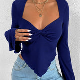 Sleeves Tucked Waist Irregular Knitted V-neck Holiday Women's Long Sleeve Polyester Y2k Top T-shirt