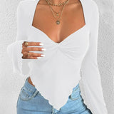 Sleeves Tucked Waist Irregular Knitted V-neck Holiday Women's Long Sleeve Polyester Y2k Top T-shirt
